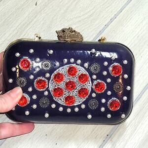 Kate Landry Womens Evening Clutch Leopard Clasp Sequined Jeweled & Beaded